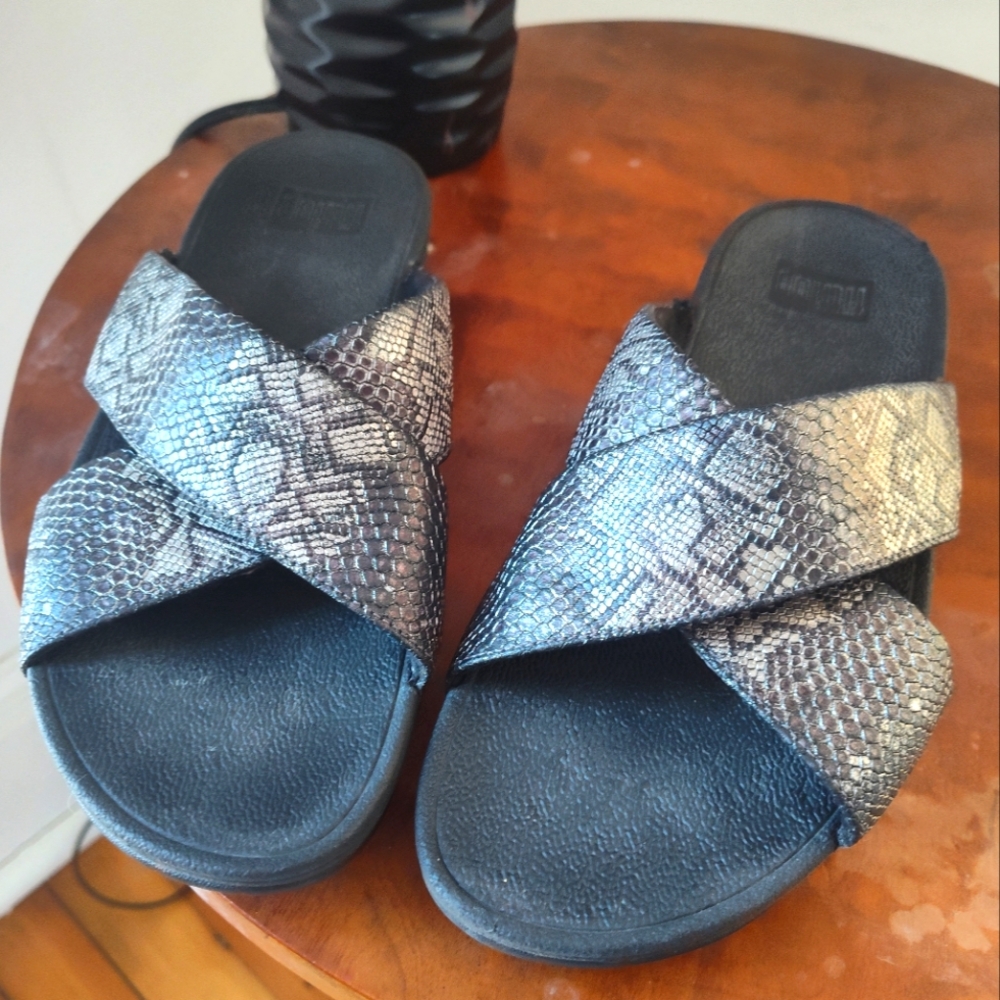 FitFlop Lulu Black Python print criss cross leather slide sandal